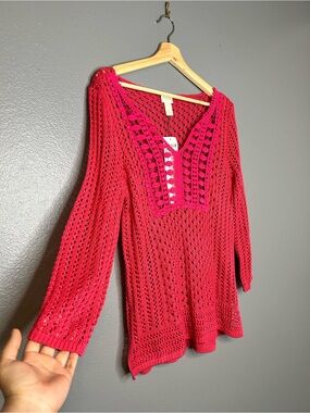 Chico's Crochet V-Neck Tunic Top - Fuchsia Pink 1 Medium NWT